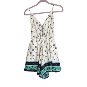 Trac Dressy V- Neck Cream Blue Gold Button Detail Women's Romper Size S  NWOT